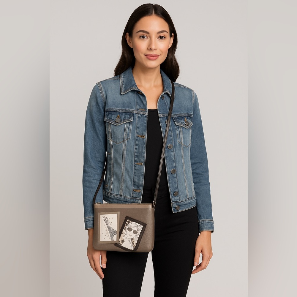 Brighton Paris Themed Leather Crossbody Bag Eiffel Tower & Fashion Girl Appliqué